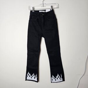 NWT Subdued Black Crop Flare Button Fly Raw Hem Front and Pocket White Flames 26